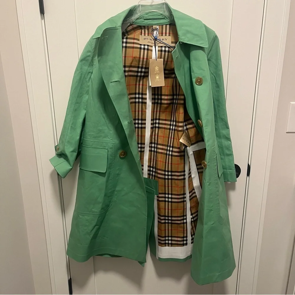 NWT Burberry US 2 Bright Pigment Green Notch Collar Double Breasted Trench Coat - Picture 6 of 13